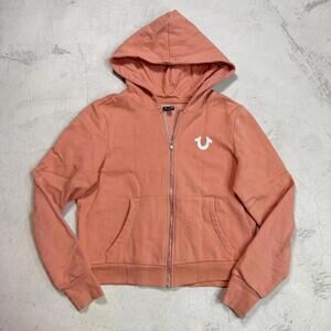 True Religion Pink Zip Hoodie M Metallic Logo Cropped Peach Pink  Y2K Streetwear